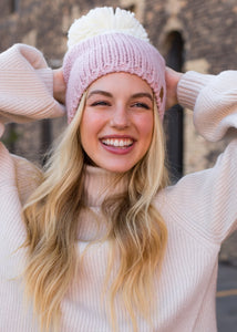 Blush & off white color block knit hat with large pom accent