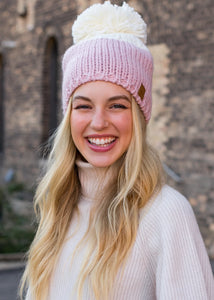 Blush & off white color block knit hat with large pom accent
