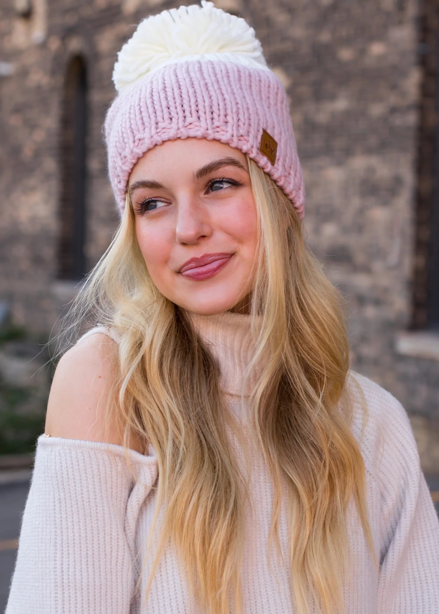 Blush & off white color block knit hat with large pom accent