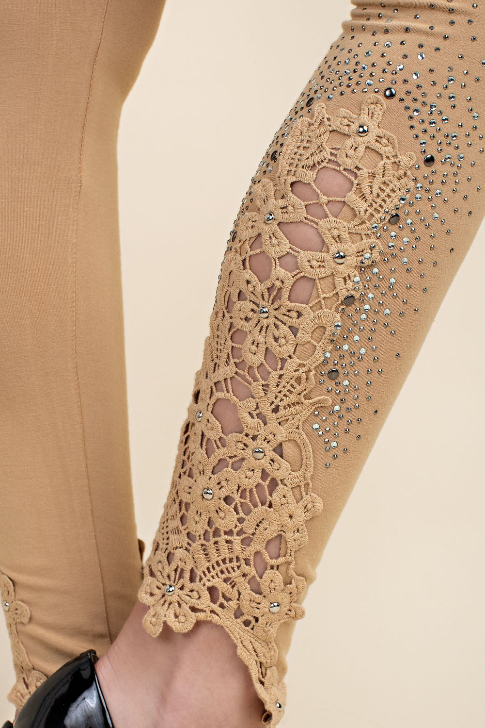 Tan Ladies' Lace patch leggings with stone