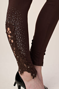 Brown Ladies' Lace patch leggings with stone