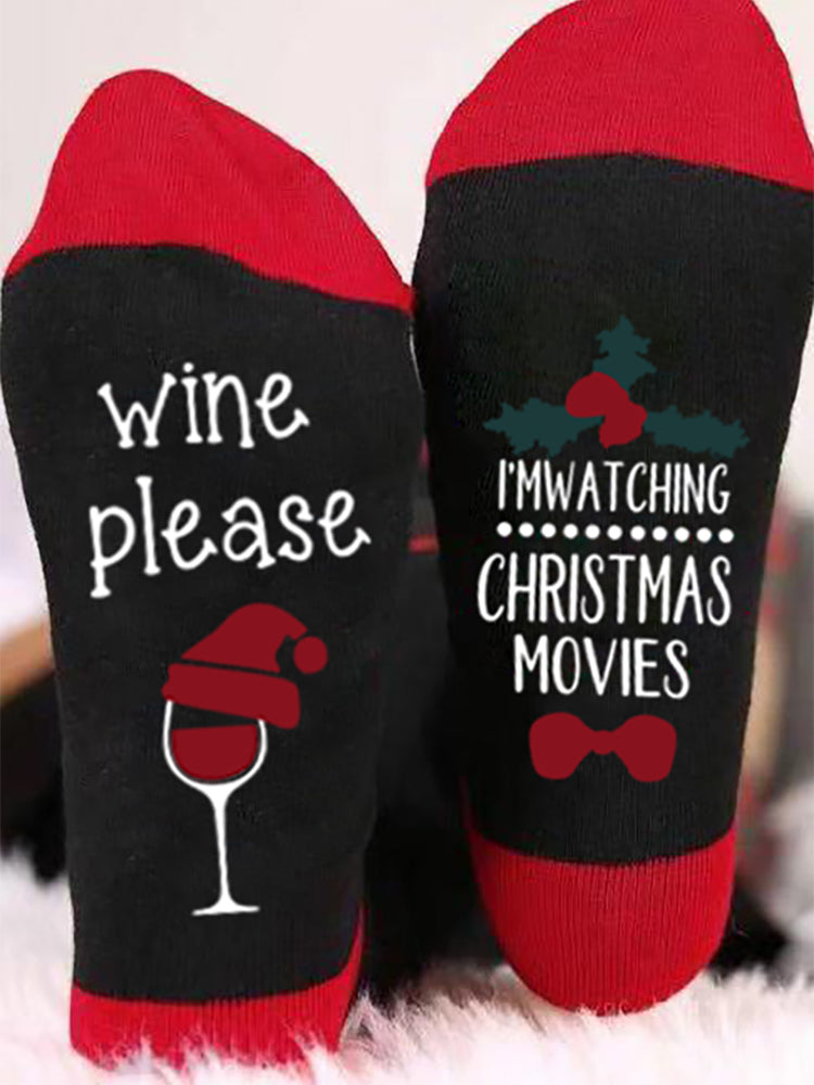Christmas Colorblock Letter Graphic Socks Wine Please I'm Watching Christmas Movies