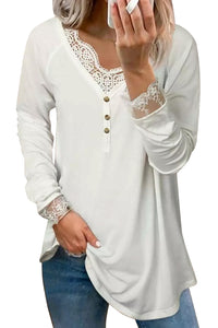 White Lace Splicing Button Long Sleeve Top