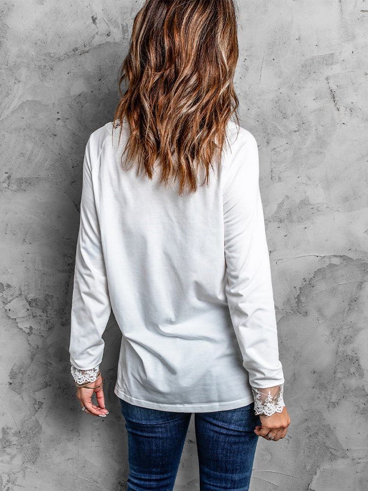 White Lace Splicing Button Long Sleeve Top