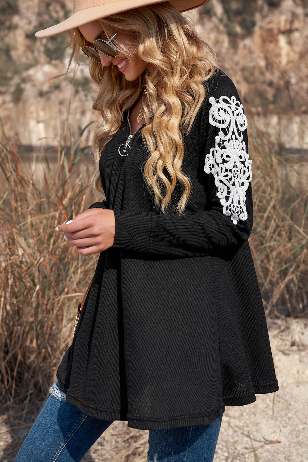 Zip V Neck Lace Patch Long Sleeve Tunic Top