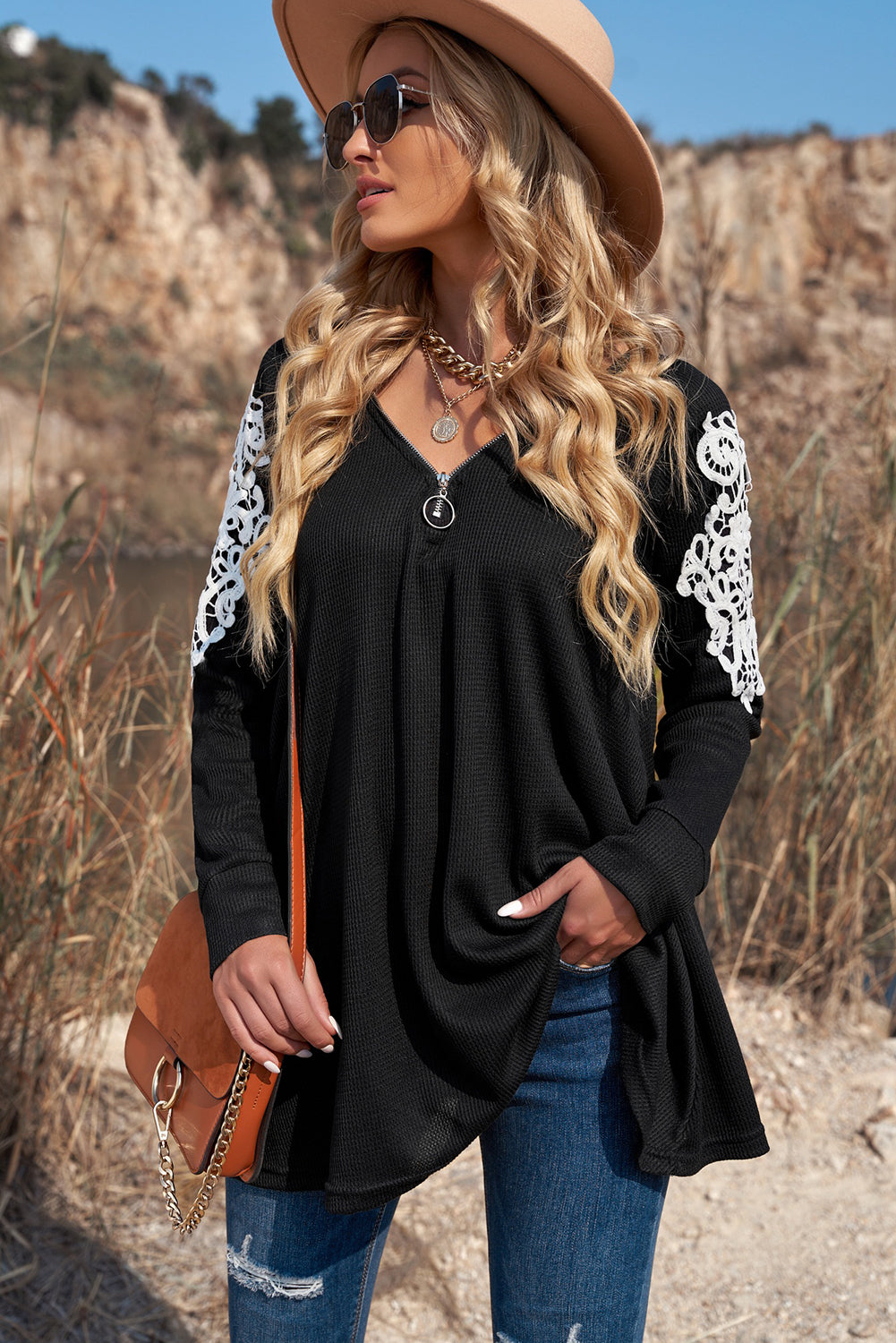 Zip V Neck Lace Patch Long Sleeve Tunic Top