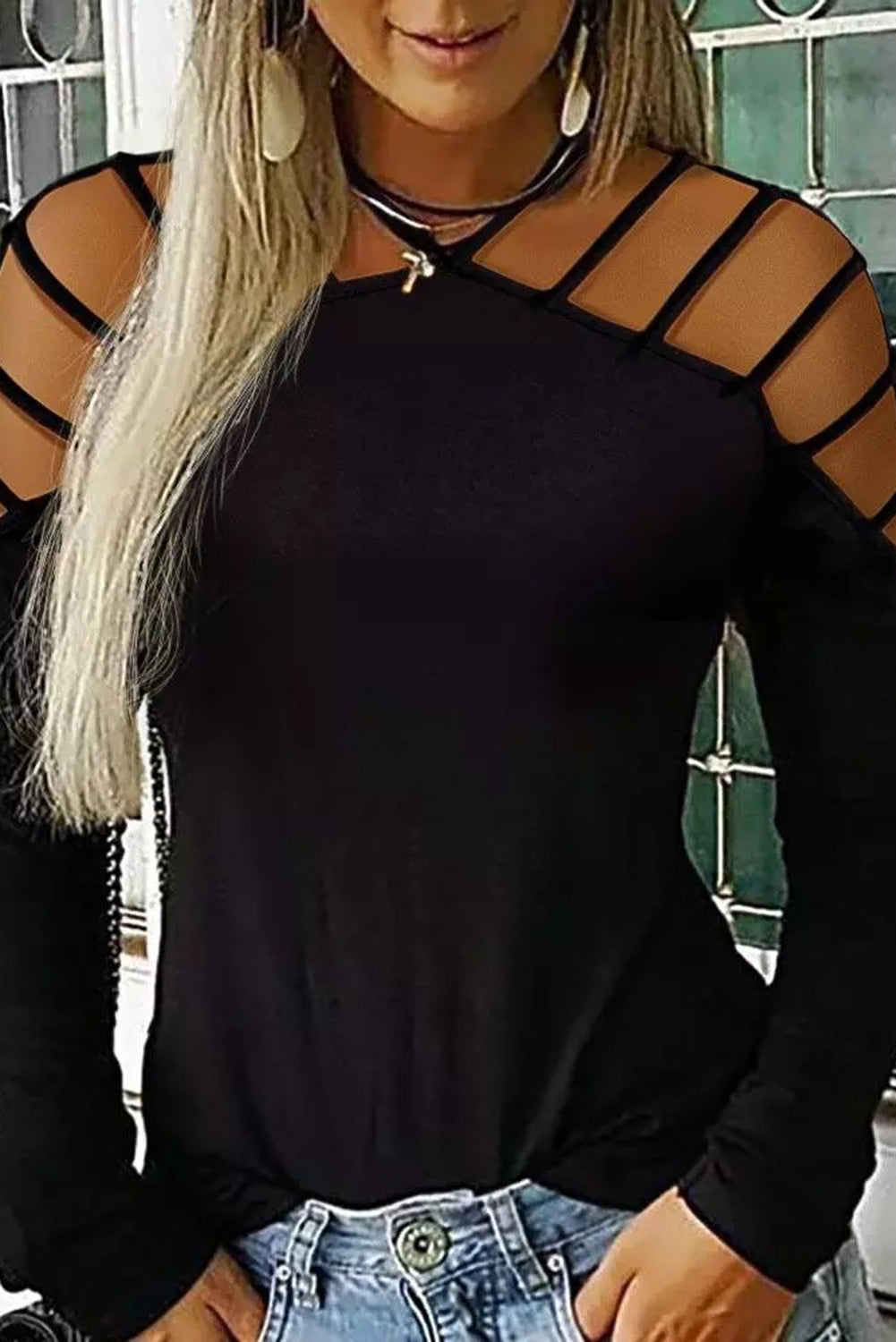 Black Sexy Hollow-out Slim-fit Long Sleeve Top