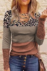 Brown Lace Splicing Hollow-out Leopard Color Block Top Crochet