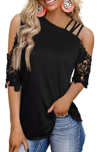 New 2023 Black Lace Splicing Strappy Cold Shoulder Top