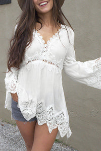 White Bell Sleeves Crochet Insert Blouse Dress Shirt