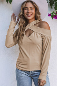 New 2023 Apricot Cut Out Criss Cross Cold Shoulder Ribbed Top