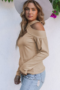 New 2023 Apricot Cut Out Criss Cross Cold Shoulder Ribbed Top