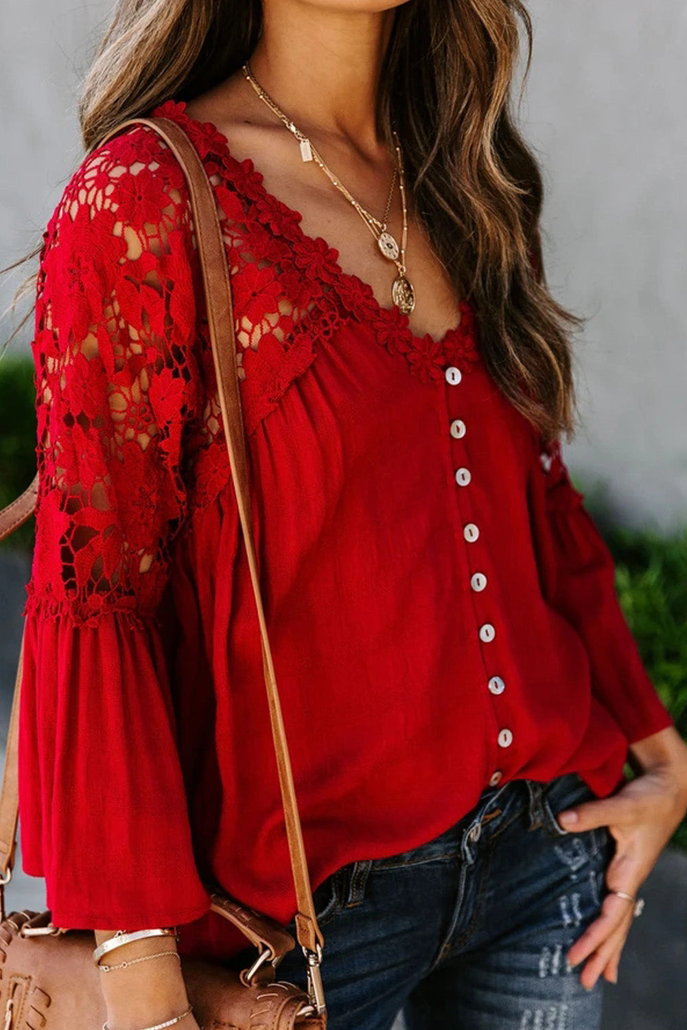 Crochet Red Lace Shoulder Splicing Flowy Shirt