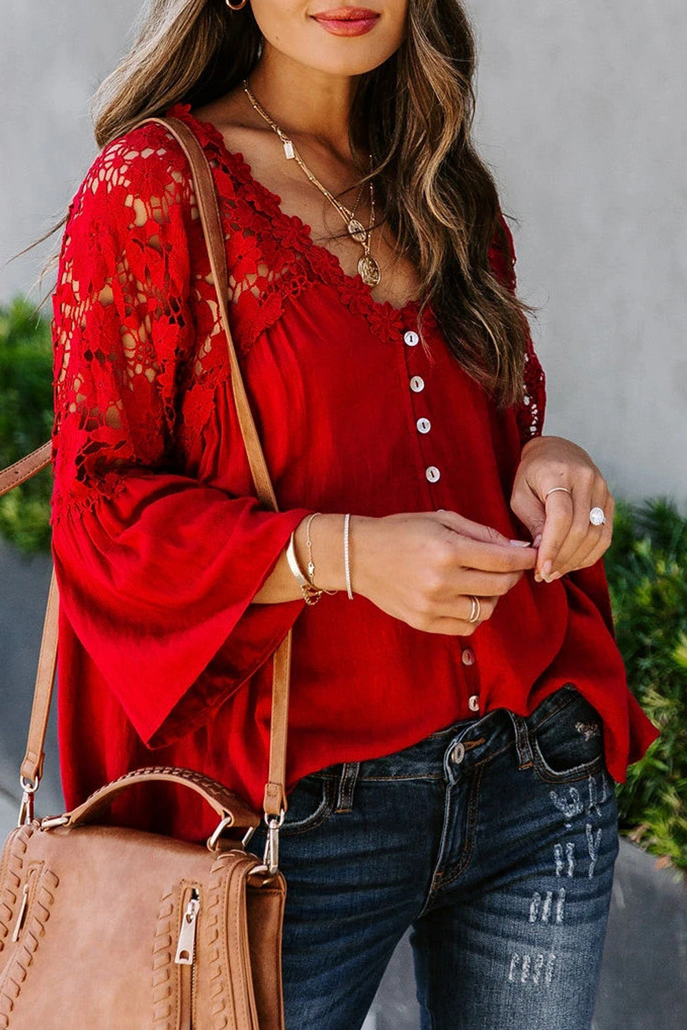 Cochet Red Lace Shoulder Splicing Flowy Shirt