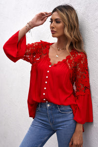 Cochet Red Lace Shoulder Splicing Flowy Shirt