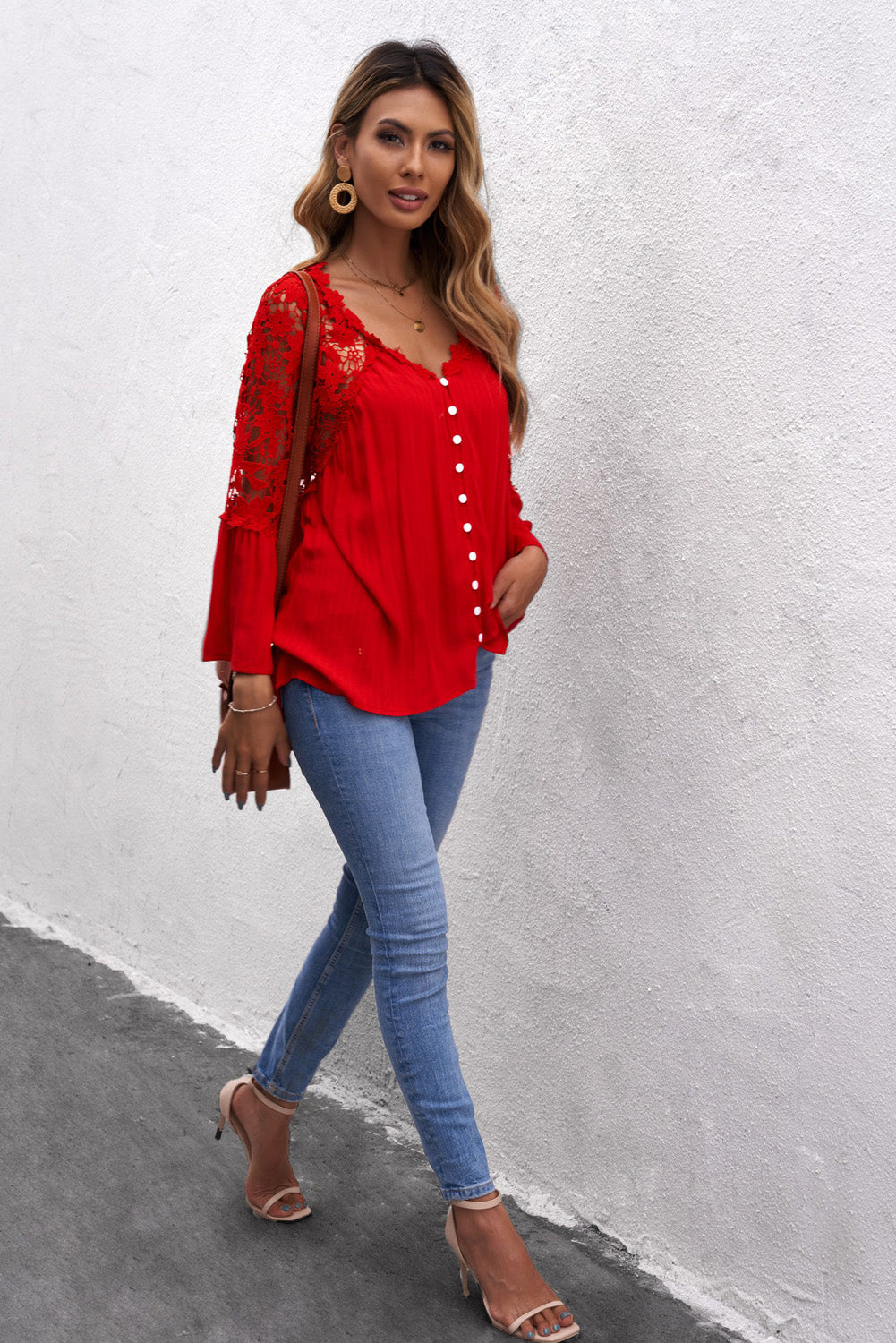 Crochet Red Lace Shoulder Splicing Flowy Shirt