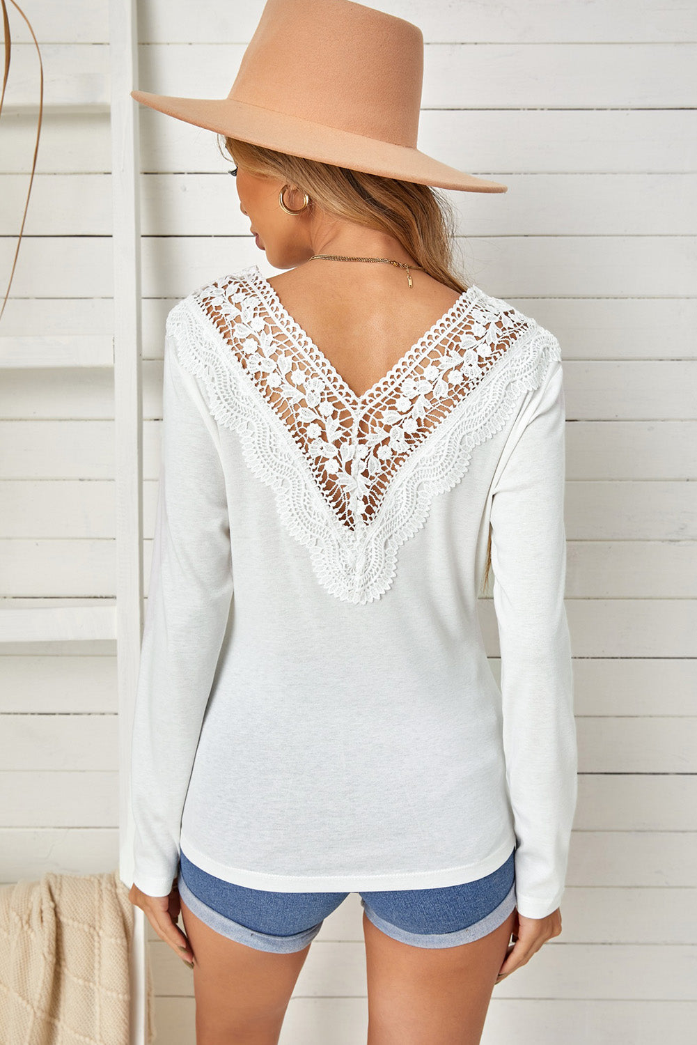 White Lace Patch Slim-fit Long Sleeve Top