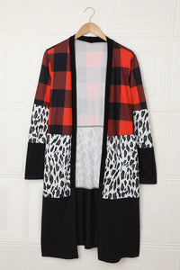 Buffalo Plaid Leopard Splicing Color Block Cardigan