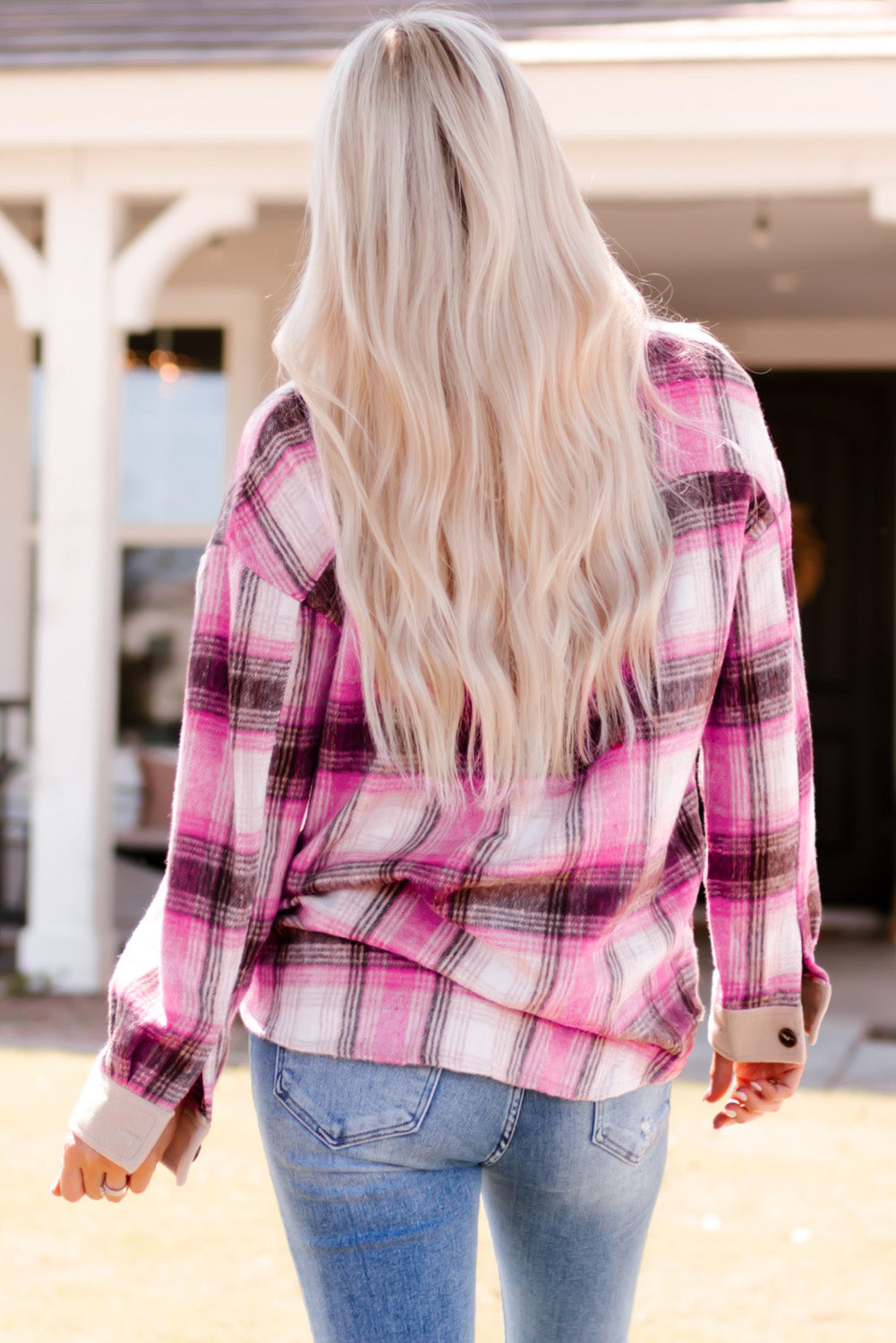 Pink Plaid Long Sleeve Button-up Shacket