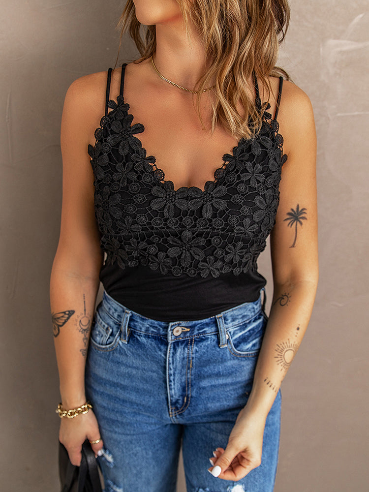 Lace Overlay Strappy Hollow-out Tank Top