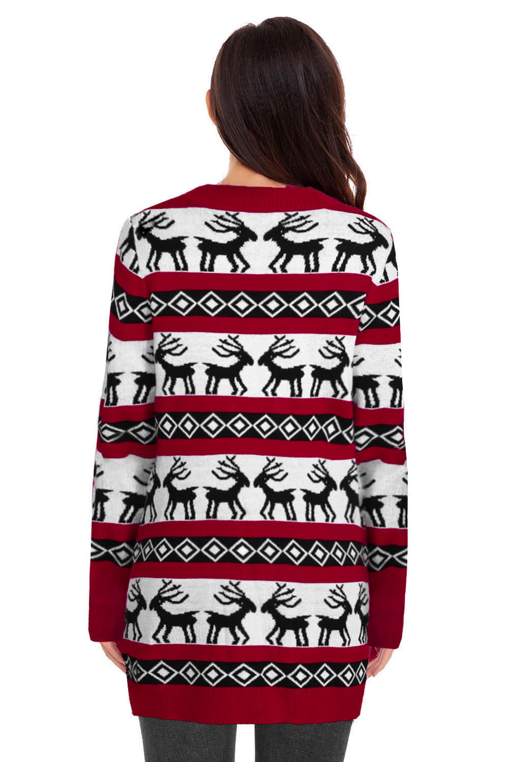 Cardigan Red Christmas Elk Print Buttoned V Neck Knitted Sweater