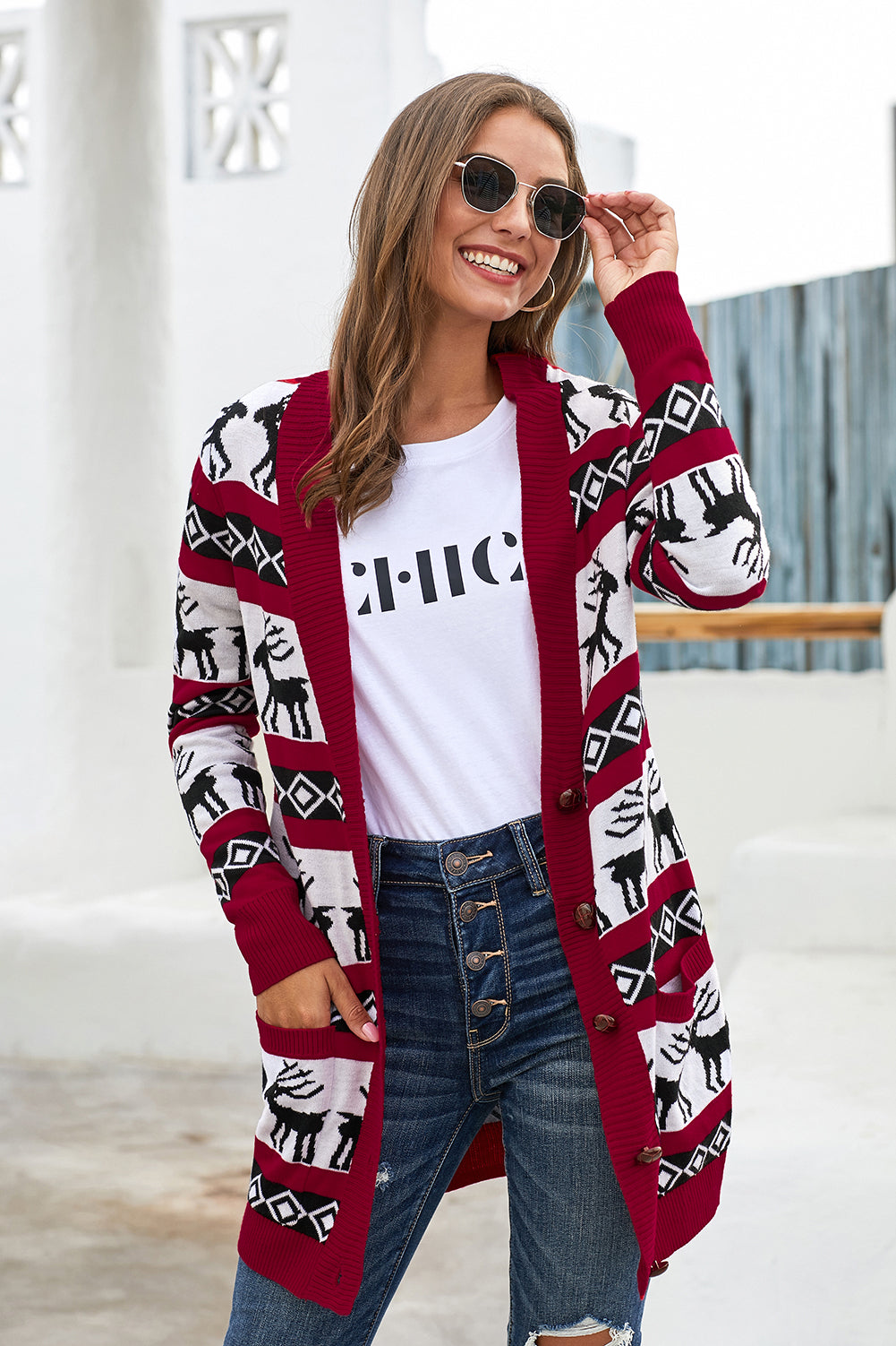Red Christmas Reindeer Print Buttoned Cardigan