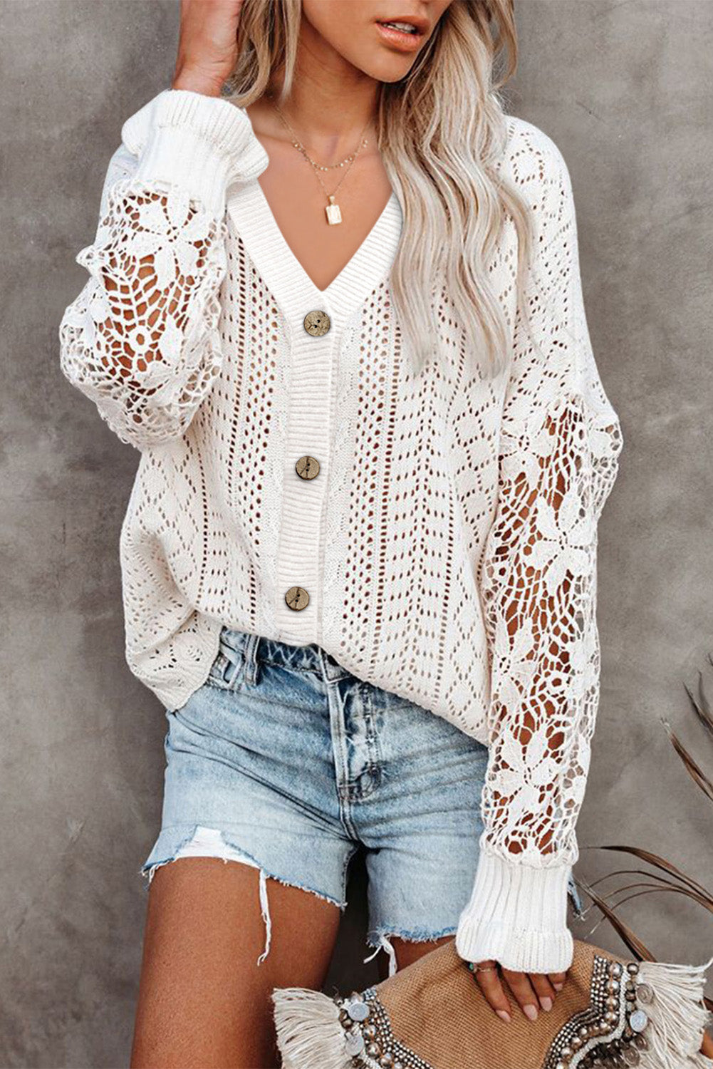 Buttoned Cardigan With Crochet Lace Sleeves