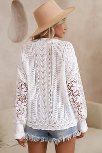 Buttoned Cardigan With Crochet Lace Sleeves