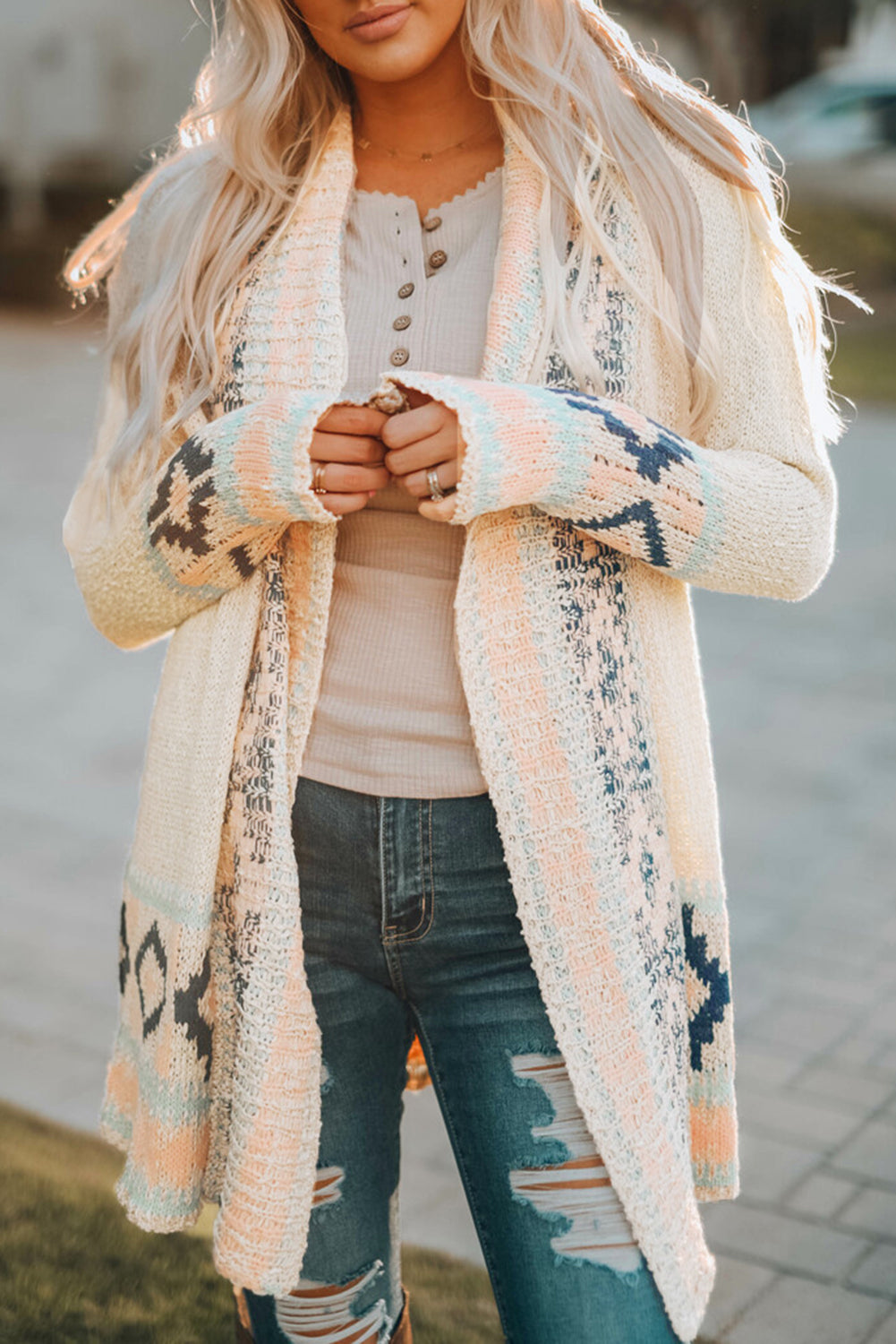 Apricot Aztec Print Open Front Cardigan Fuzzy sweater knit
