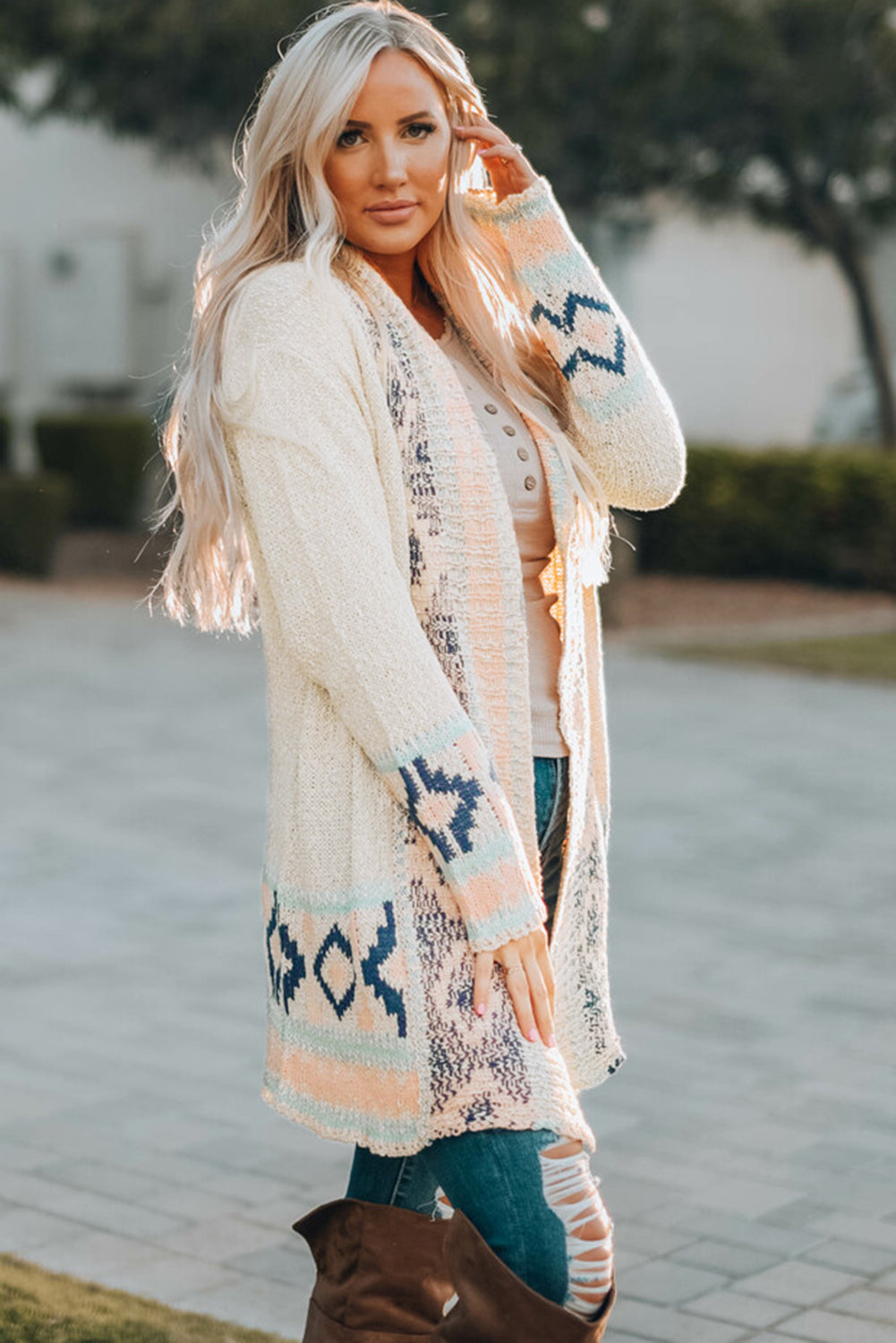 Apricot Aztec Print Open Front Cardigan Fuzzy sweater knit – Tack