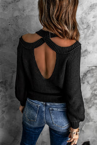 Cold Shoulder Sweater Solid Long Sleeve Loose Knit Sweater