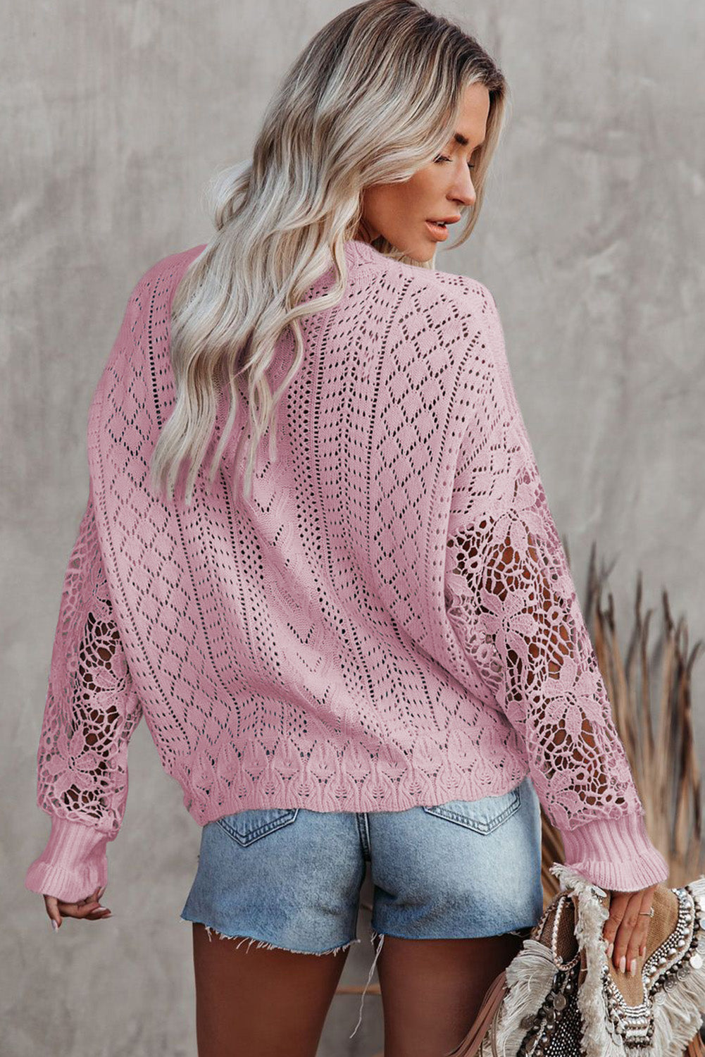 Pink  Crochet Lace Point Elle Knit Sweater