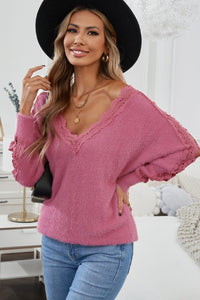 Pink Soft Lace Splicing V Neck Sweater