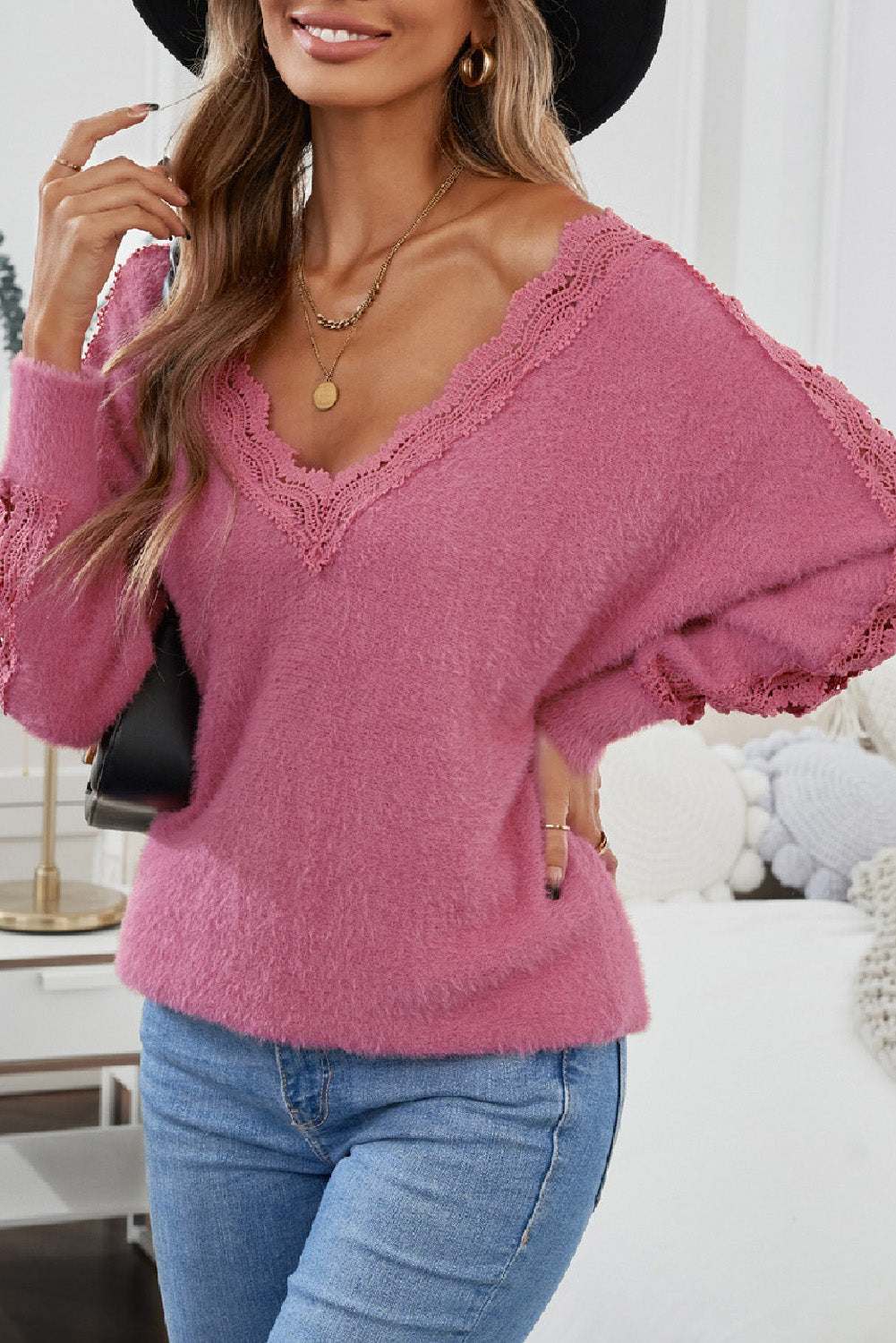 Pink Soft Lace Splicing V Neck Sweater