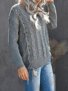 Grey Slim Cable Knit Lace Up Sweater