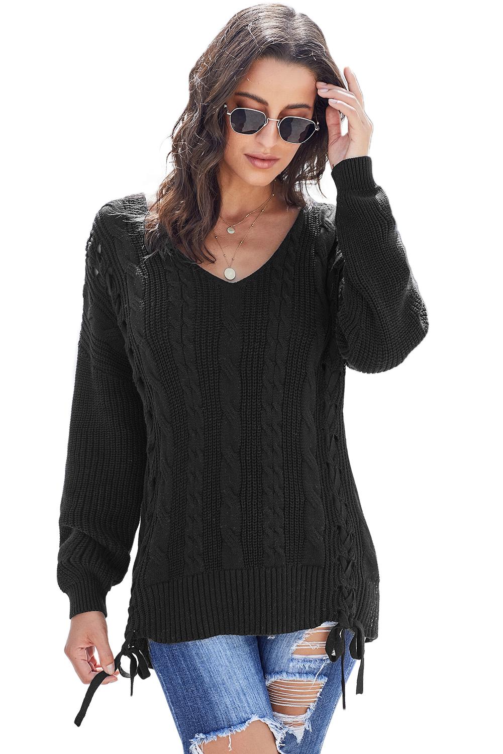 Black Slim Cable Knit Lace Up Sweater