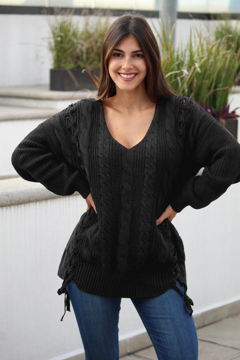 Black Slim Cable Knit Lace Up Sweater