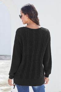Black Slim Cable Knit Lace Up Sweater