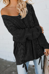 Black Slim Cable Knit Lace Up Sweater