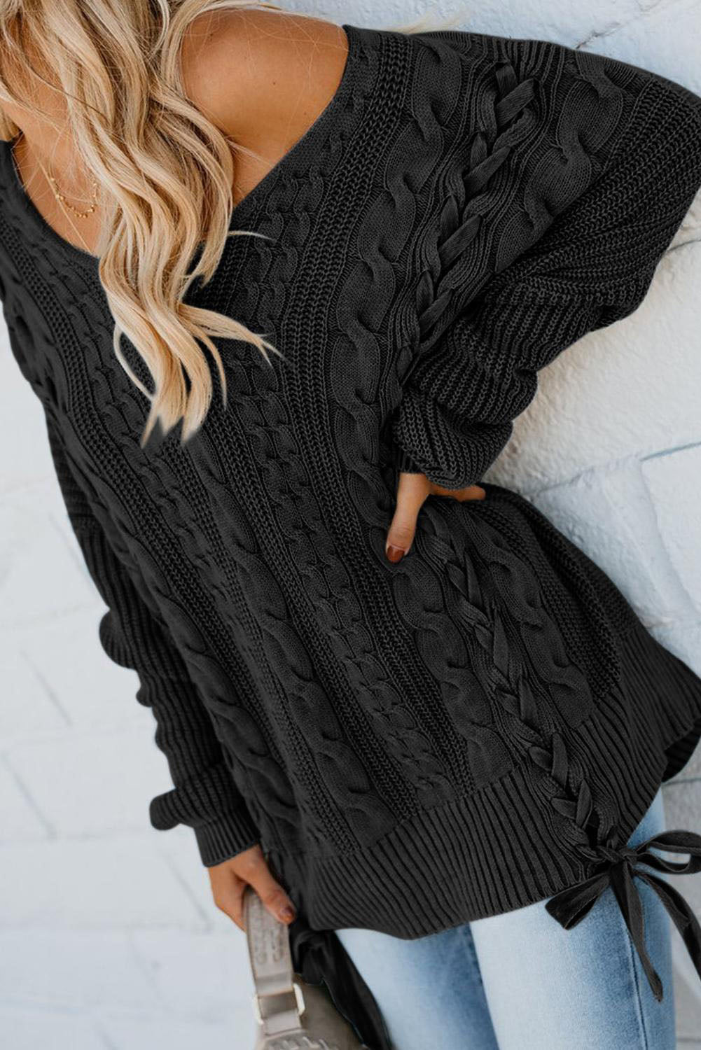Black Slim Cable Knit Lace Up Sweater
