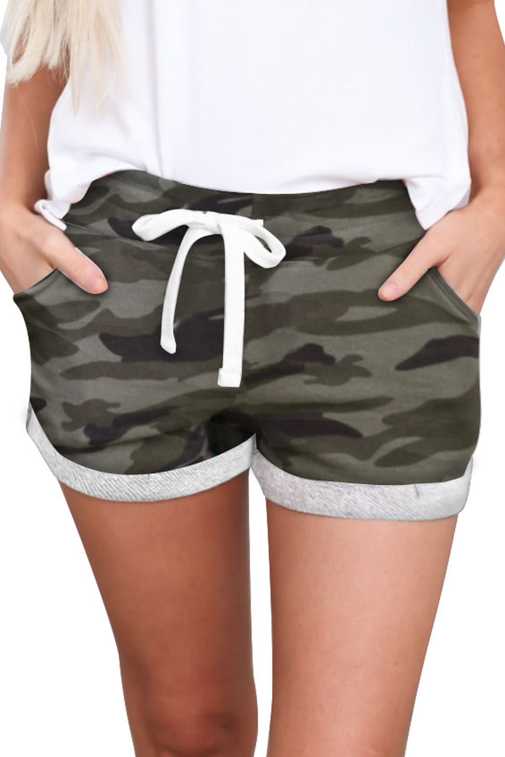 Green Camo Print Cotton Casual Shorts With Pockets