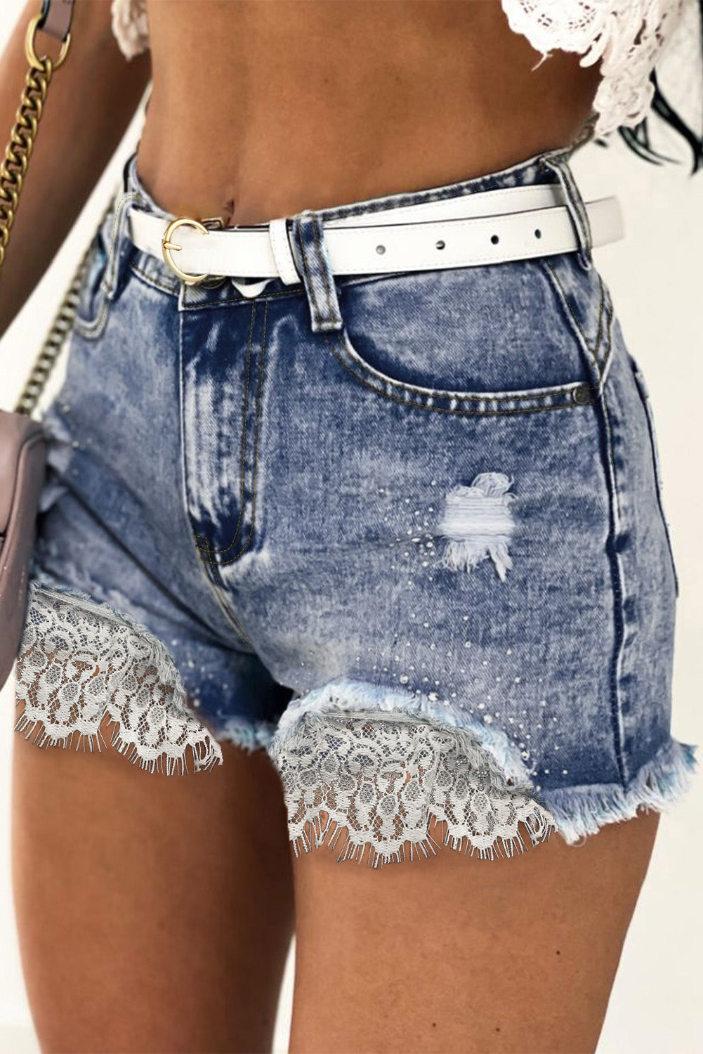 Fun Sexy Lace Rhinestone Décor Frayed Hem Denim Shorts