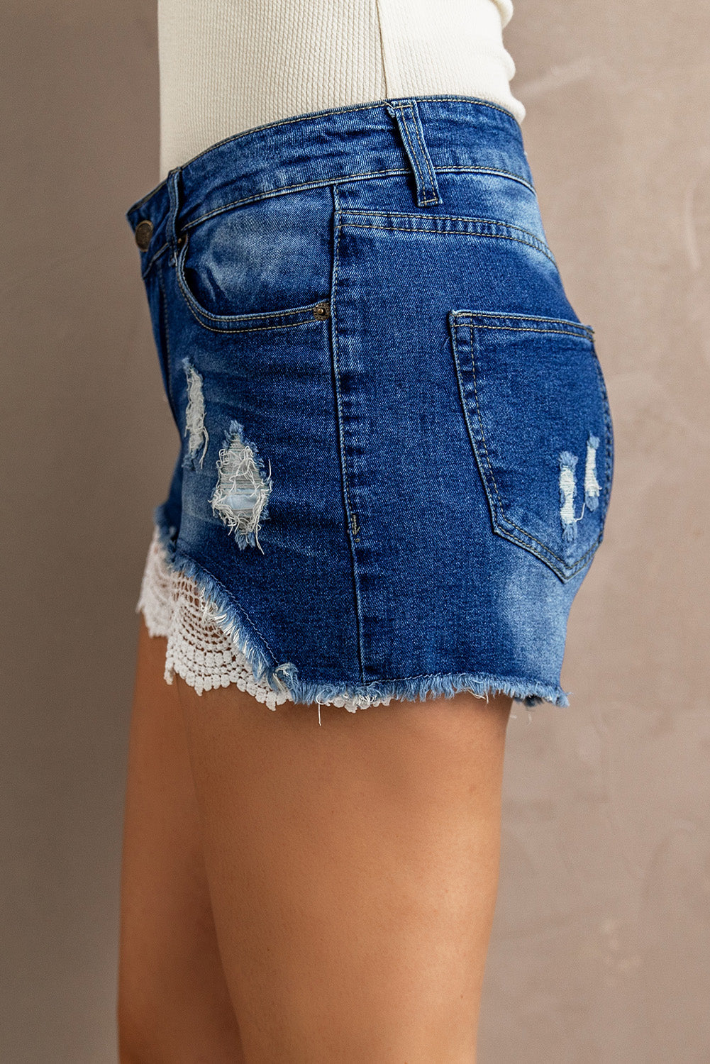 Lace splicing and distressed Fun Sexy Lace Frayed Hem Denim Shorts