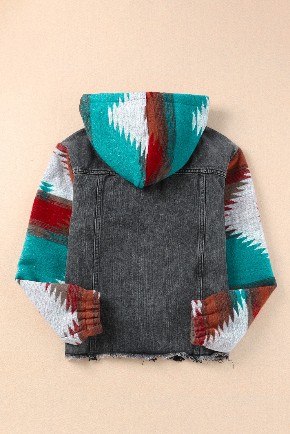 Aztec Print Frayed Hem Denim Jacket