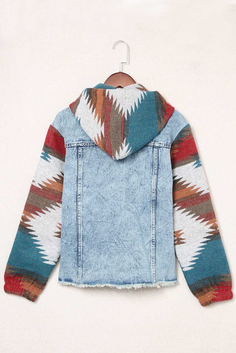 Pre Orders Aztec Print Frayed Hem Denim Jacket