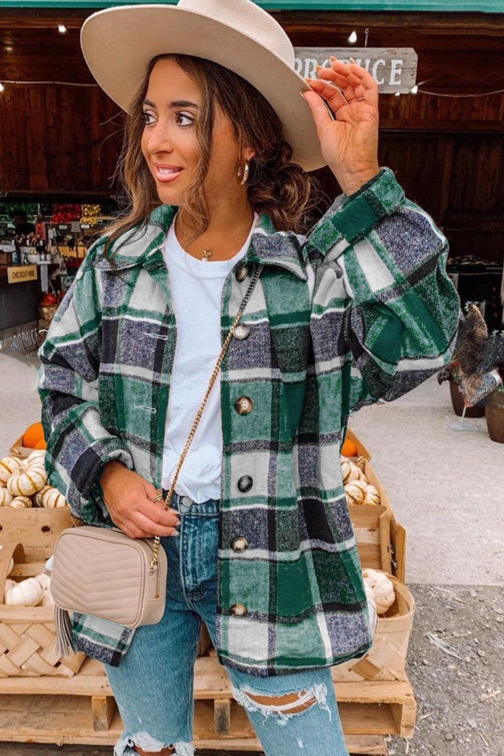 Oversize fit Green Plaid Print Buttoned Shirt Jacket
