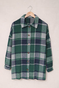 Oversize fit Green Plaid Print Buttoned Shirt Jacket