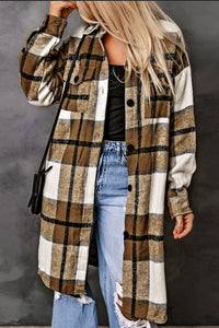 Khaki Turn-down Collar Pocket Button Plaid Coat