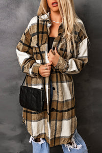 Khaki Turn-down Collar Pocket Button Plaid Coat