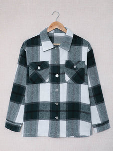 Green Plaid Print Buttoned Shirt Coat with Pocket